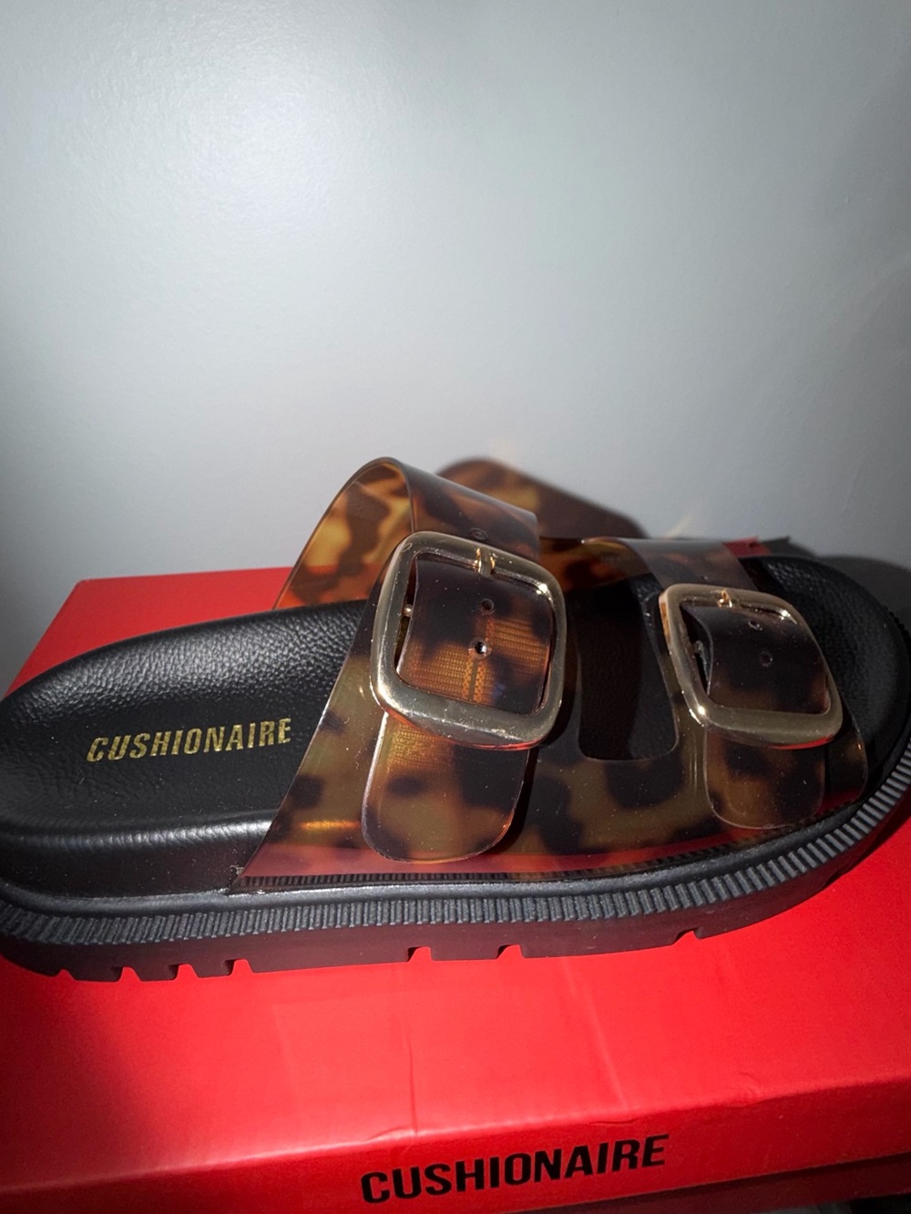 Cushionaire Women’s Tortoiseshell Double-Buckle Slide Sandals - Brown/Black - Picture 2 of 4